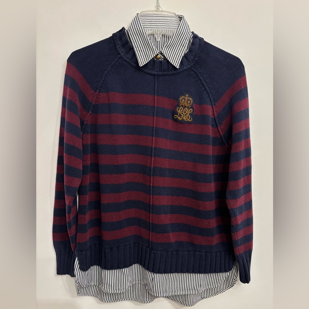 Lauren Ralph Lauren Sweater w/striped Shirt Collar-Preppy Crest Knit, Size XL
